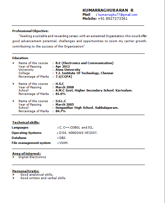 Perfect Resume Format for Freshers