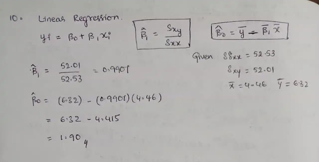 Identify the parameters β0 and β1 that fits the linear model β0+β1x using the           following information: total sum of squares of X,SSXX=52.53,SSXY=52.01,          mean of X, X¯=4.46, and mean of Y,Y^=6.32.