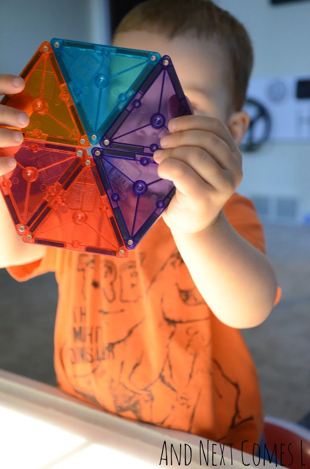 Showing off a Magna-Tiles shape from And Next Comes L