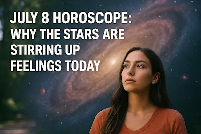 Gorgeous Gen Z girl under a cosmic night sky with stars and planets, reflecting July 8, 2025, daily horoscope vibes — mystical astrology background for USA audience.