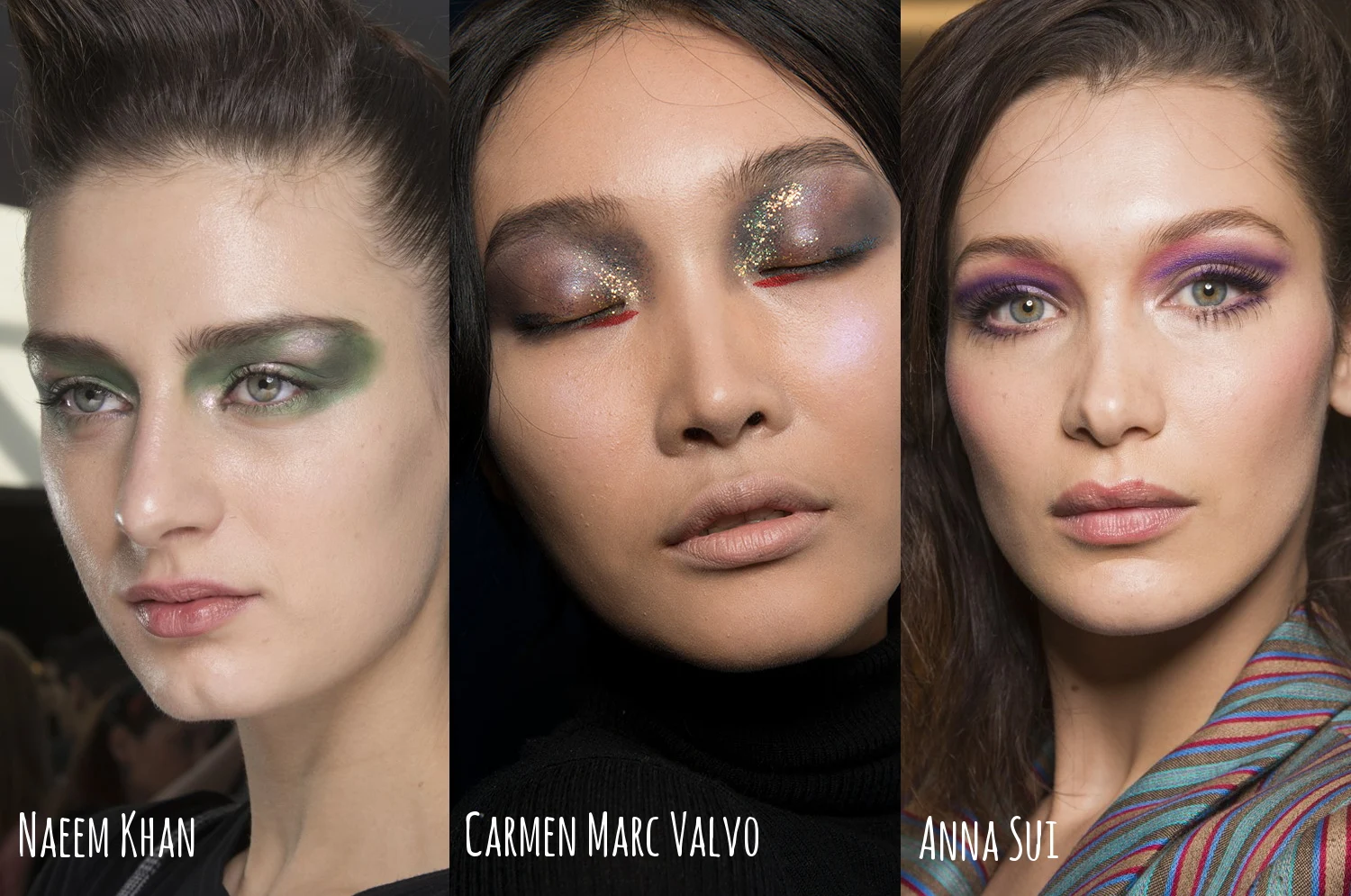 makeup collage with three runway makeup looks from naeem khan fashion show