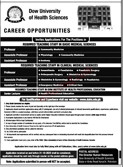 Pak Latest Jobs 2022 in Dow University of Health Sciences Sindh updated Jobs online Sindh Jobs 2022
