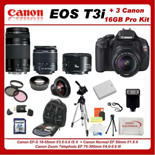 Canon EOS Rebel T3i 3 Lens Pro Kit Featuring Canon 18-55mm IS Lens + Canon EF 75-300mm III Lens + Canon Normal EF 50mm f/1.8 II Autofocus Lens, Also Includes: 0.45x High Definition Wide Angle Lens & 2x Telephoto HD Lens, 16GB SDHC Memory Card & Reader, Dedicated Shoe Mount Flash, Replacement LP-E8 Battery, Deluxe Backpack and Much More...