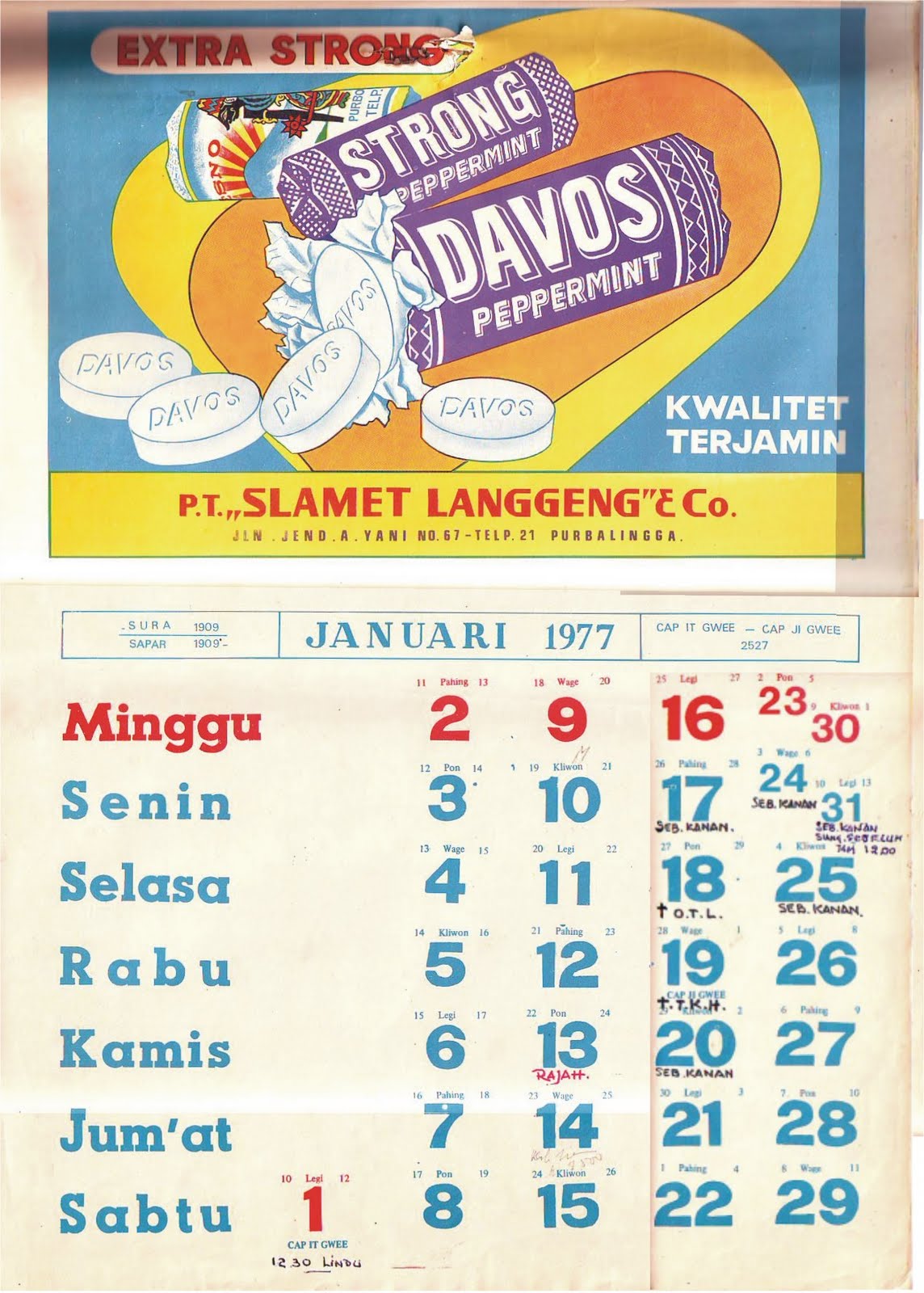 Koleksi Djadoel Seri Kalender DAVOS Tahun 1977 1978 dan 