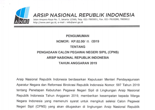 Formasi Penerimaan CPNS Arsip Nasional Republik Indonesia