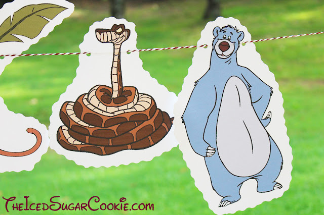 DIY Jungle Book Birthday Party Flag Hanging Banner Ideas- Mowgli, Baloo, Shere Khan, Bagheera, Kaa, King Louie Monkey Servant The Iced Sugar Cookie