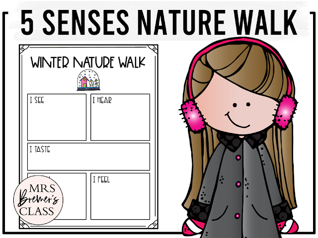 FREE 5 Senses Nature Walk scavenger hunt where students explore outdoors and record things they see, hear, smell and feel for Kindergarten & First Grade