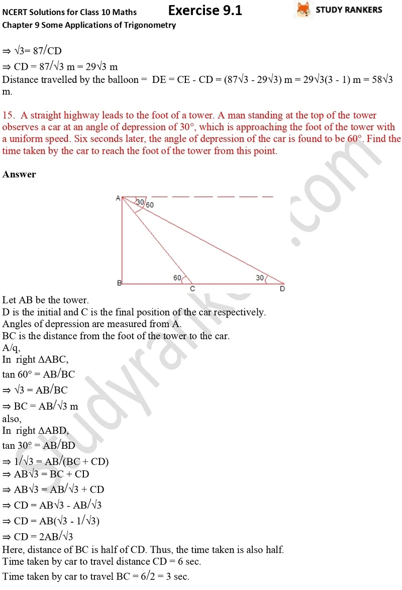 NCERT Solutions for Class 10 Maths Chapter 9 Some Applications of Trigonometry Exercise 9.1 Part 12