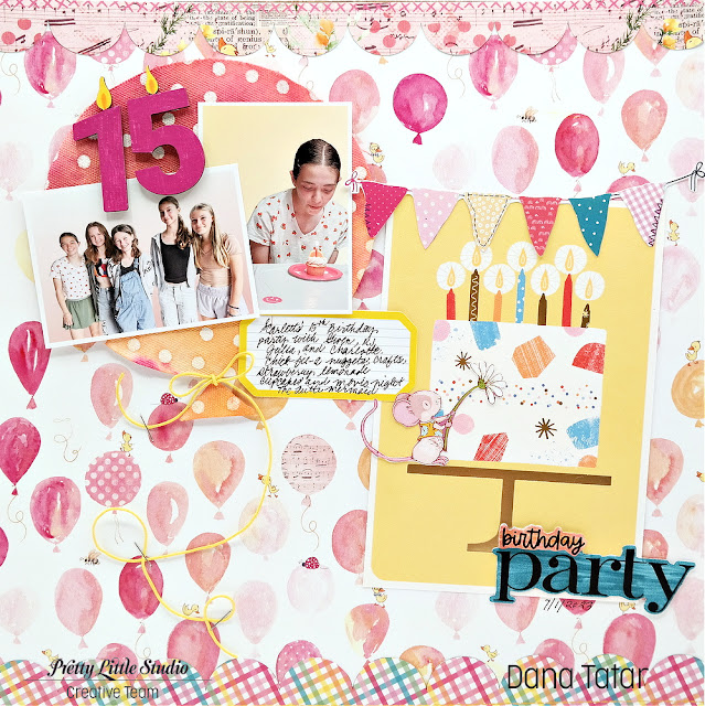 Celebration Scrapbook Layout with the Pretty Little Studio Birthday Bash patterned paper and a DIY misted resist canvas balloon photo and journaling spot.