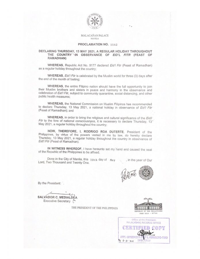 Duterte declares May 13, 2021 as regular holiday for Eid'l Fitr