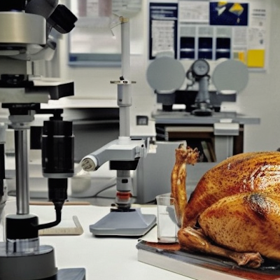 Stable Diffusion: A cooked turkey in a laboratory, beside a microscope, scientists