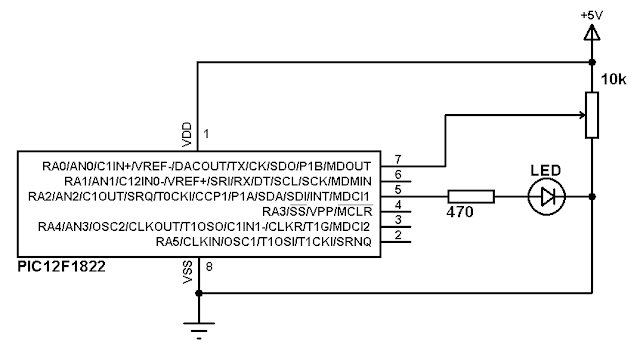 PIC12F1822 microcontroller ADC and PWM example circuit