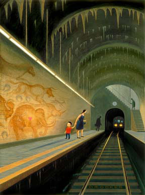 Image of a Mother and child waiting for a train to perhaps take them away from a very strange almost prehistoric train station.