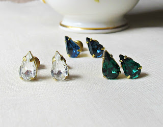 image vintage rhinestone earrings ear studs emerald green two cheeky monkeys teardrop handmade crystal sapphire blue