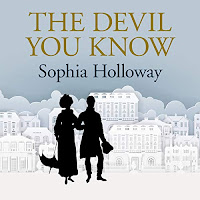 The Devil You Know audiobook cover. A silhouetted couple in elegant clothing stroll through an elegantly styled town, on a pale duck-egg blue background.