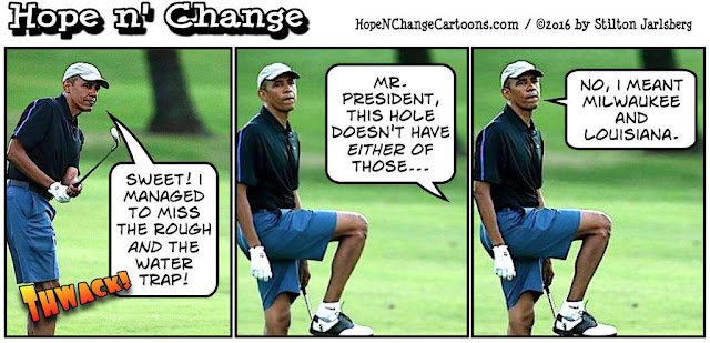 obama, obama jokes, political, humor, cartoon, conservative, hope n' change, hope and change, stilton jarlsberg, vacation, golf, riots, race, police, louisiana, flood, disaster