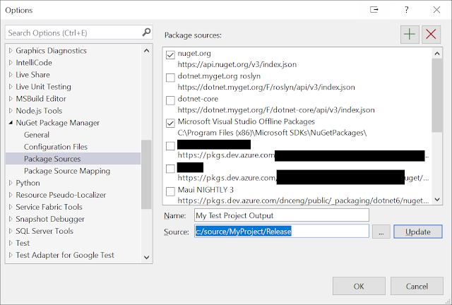 The Package Sources Window - showing a custom configured source