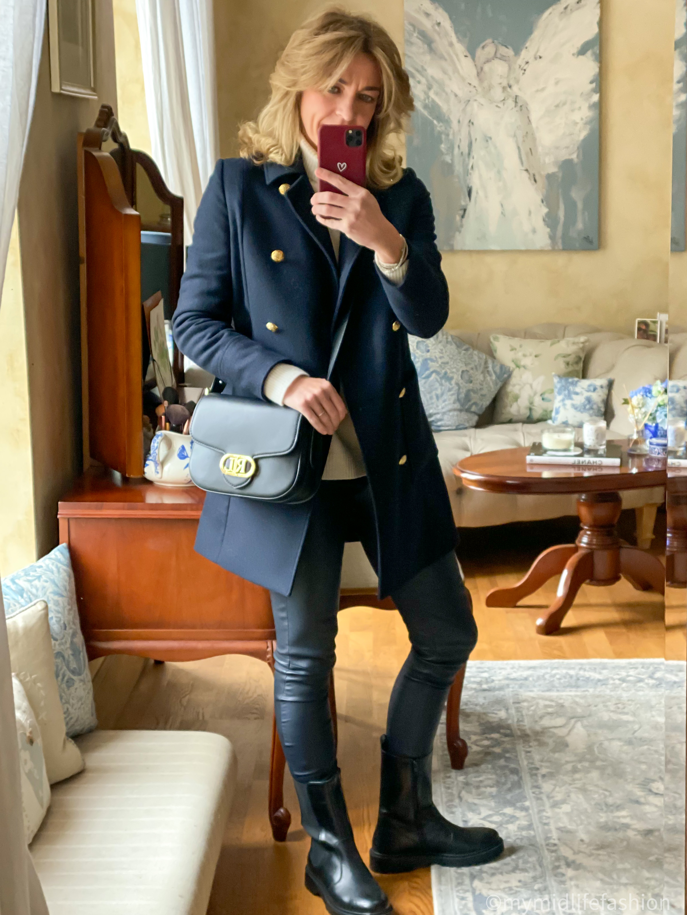 my midlife fashion, baukjen Chitra wool coat, amazon roll neck jumper, uterque leather leggings, Lauren Ralph Lauren addie cross body bag, geox ankle boots