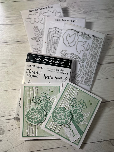 Dies and craft supplies used to create cards featuring Stampin' Up! Irresistible Blooms