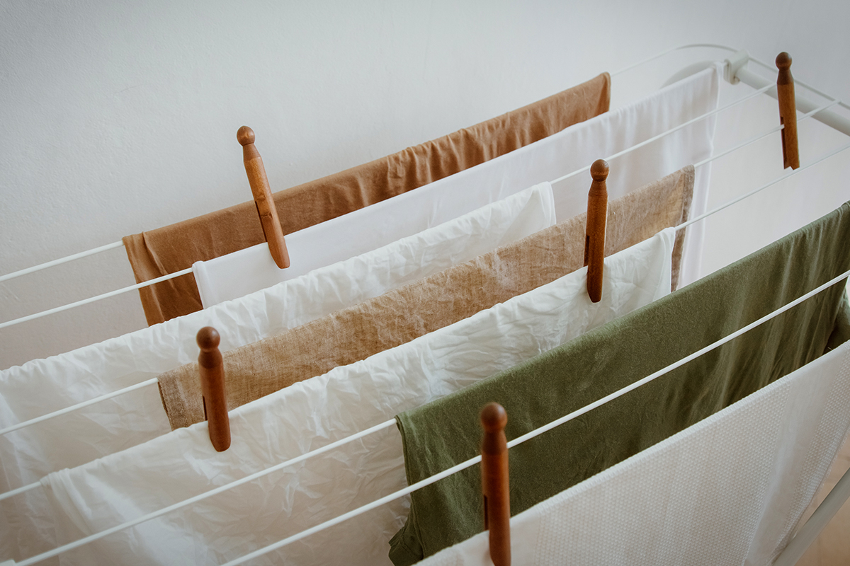 fresh laundry drying on a rack