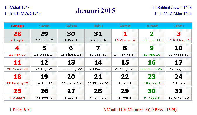 Kalender Januari 2015 Indonesia dan Hari Peringatan 