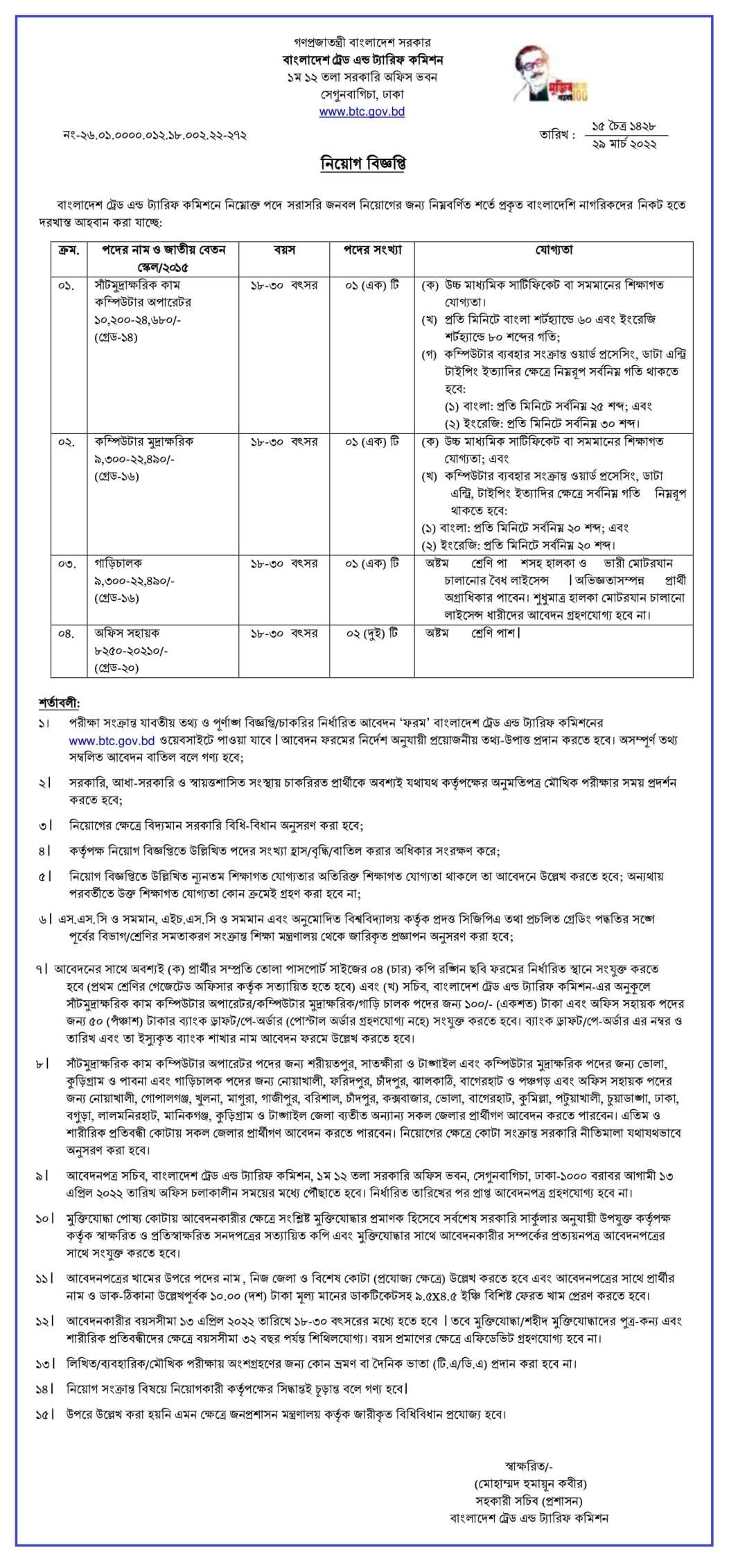 বাংলাদেশ ট্রেড এন্ড ট্যারিফ কমিশন নিয়োগ বিজ্ঞপ্তি ২০২২