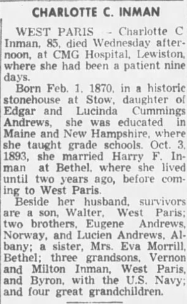 Obituary of Charlotte Andrews Inman 10-12-1955