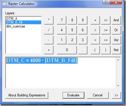 F7. Volteando el DTM con la calculadora raster