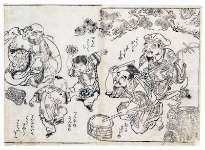 Ukiyo-e. Träsnitt. Hotei.  Okumura Masanobu.