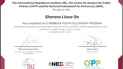 " Sharona Lieuw On Caribbean Youth Fellowship certificate on Public policy and leadership from CAPP ( Center for Analysis for public policies) and the National Endowment for Democracy (NED)"
