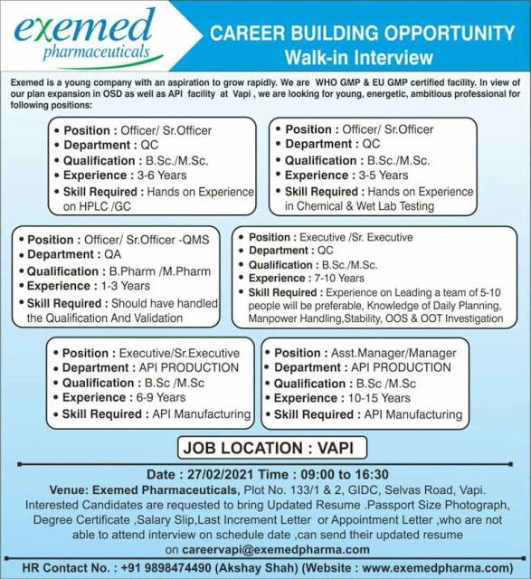 Exemed Pharma | Walk-in for Production/QC/QA on 27th Feb 2021