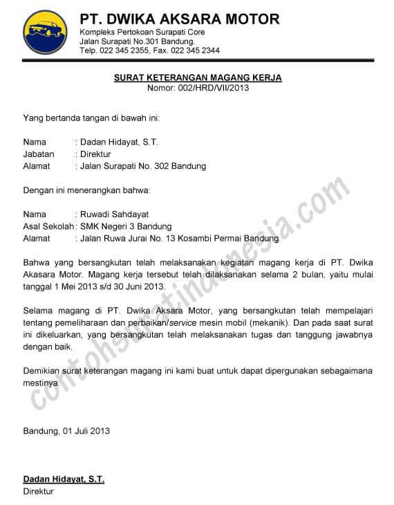 Contoh Surat Magang Pribadi  Contoh Surat