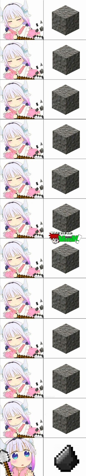 Meme mostrando repetidamente a menina cavando cascalho até achar silex no Minecraft