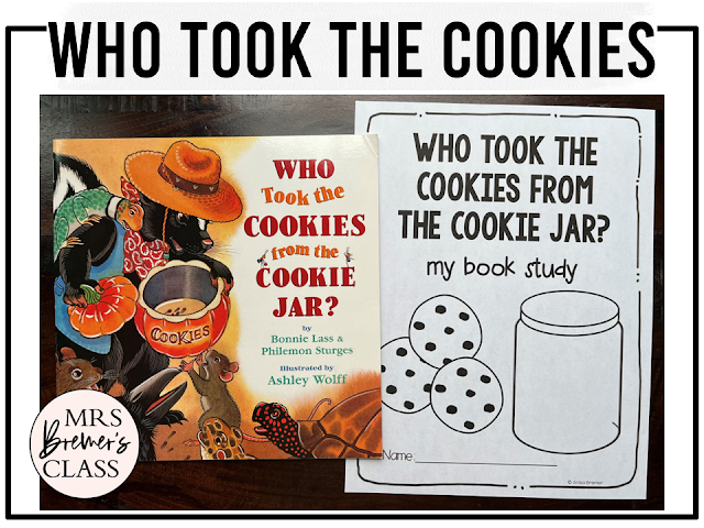 Who Took The Cookies From The Cookie Jar book activities unit with literacy printables, reading companion worksheets, and lesson ideas for Kindergarten and First Grade