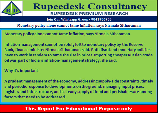 Monetary policy alone cannot tame inflation, says Nirmala Sitharaman - Rupeedesk Reports - 09.09.2022