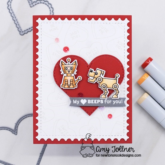 Love Bots Stamp and Die Set, Candy Heart Stamp Set, Heart Frames Die Set, Framework Die Set, A7 Frames and Banners Die Set by Newton's Nook Designs #newtonsnookdesigns #newtonsnook #handmade