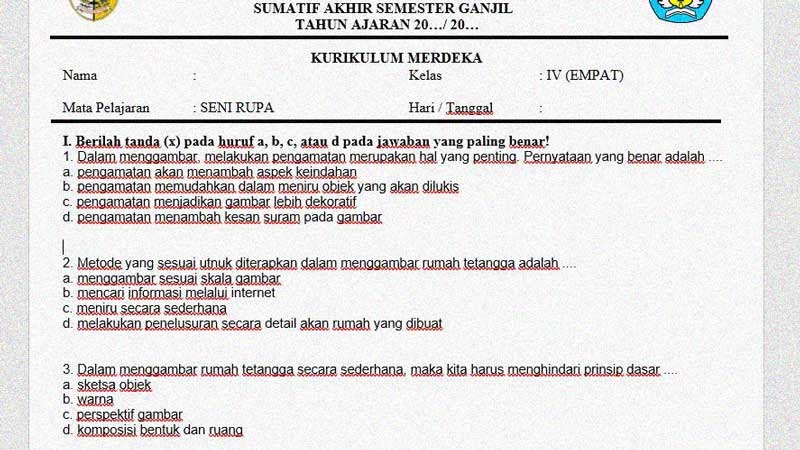 Soal Sumatif Akhir Semester 1 Kelas 4 Mapel Seni Rupa - SekolahDasar.Net