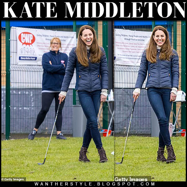Kate Middleton in blue quilted jacket and jeans