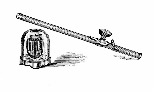 An illustration of 1890 opium paraphernalia: a lamp and a pipe