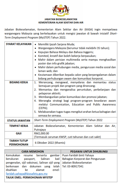 Jawatan Kosong Jabatan Biokeselamatan KASA 2022