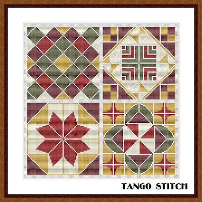 Yellow green ceramic tiles cross stitch ornament pattern - Tango Stitch