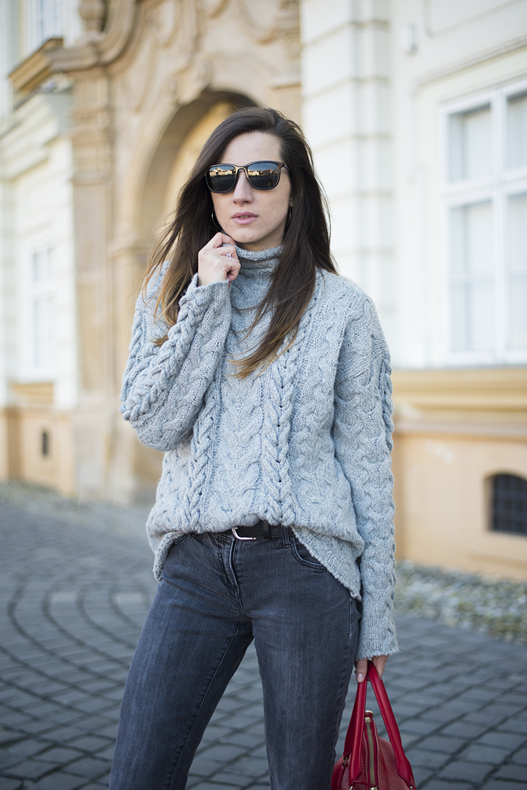 Cable Knit Turtleneck Sweater in Grey