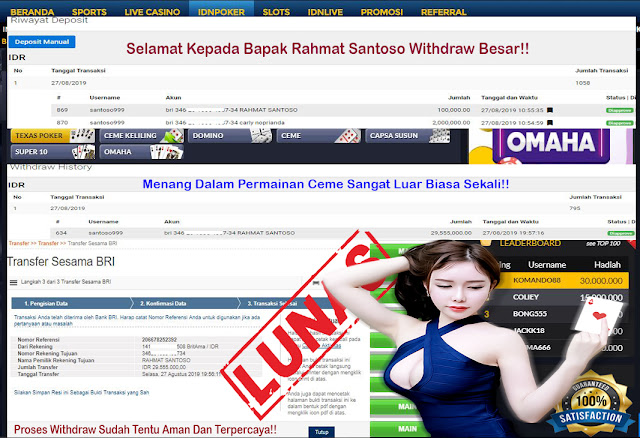 Bukti Menang Bapak Rahmat Santoso Di IdnPoker Permainan Ceme withdraw rp 29,555,000.00