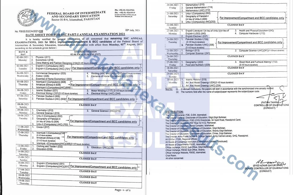 Federal Board Date Sheet 2021 Class 9th Annual Exam