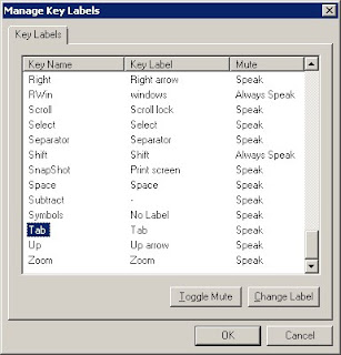 This image shows the Manage Key Labels dialog box in JAWS V15. There are three columns of information: Key Name, Key Label and Mute. 