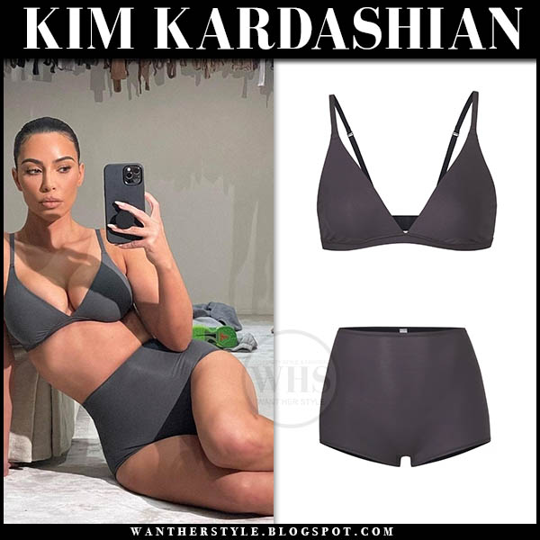 Kim Kardashian in grey bra and grey boy shorts
