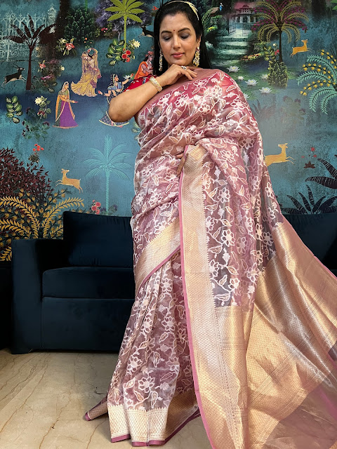 Elegance Embodied: The Onion Pink Tissue Silk Cutwork Jamdani Saree