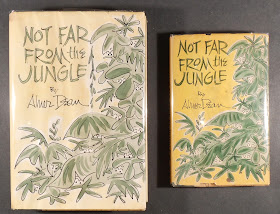 A handmade cover for Not Far From the Jungle, featuring green foliage on a yellow background. To its right is a visual similar finished book.