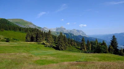 Field, Mountains, Trees, Grass, Lawn, Landscape