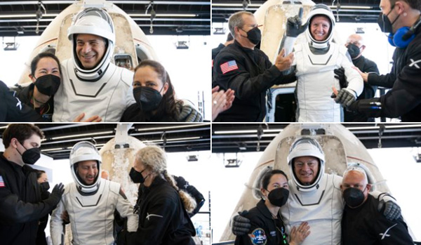 The four Ax-1 astronauts pose with personnel aboard SpaceX's recovery ship Megan after Crew Dragon Endeavour safely splashed down into the Atlantic Ocean off the coast of Florida...on April 25, 2022.